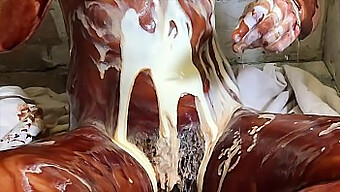 Hairy Chocolate Goddess Gets Creamed In Kitchen