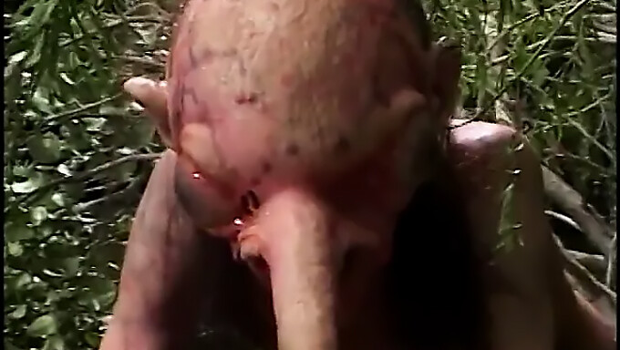 A blonde woman with a large vagina receives intense outdoor sex from a man with a long nose, resulting in facial ejaculation